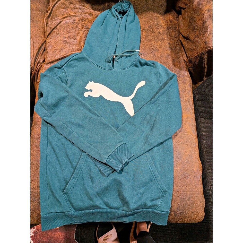 PUMA Green Cotton Blend Fleece Pullover Hoodie Logo Pockets Drawstring Men's S